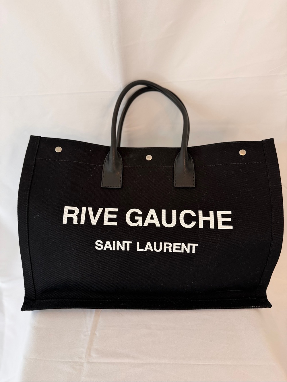 Saint Laurent Black Canvas Rive Gauche Tote with White Logo